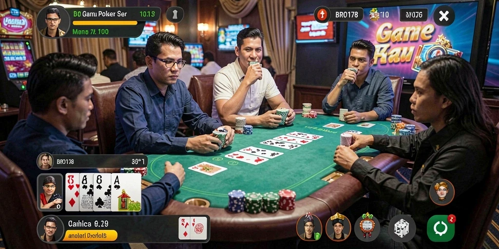 Tampilan utama gameplay yang menarik dan interaktif dari permainan Poker.