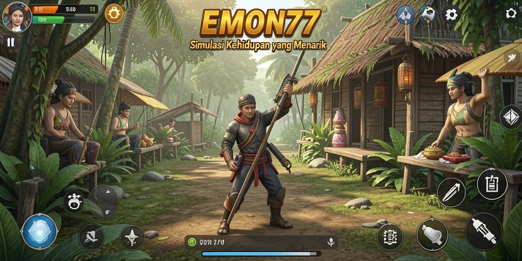 Tampilan screenshot yang menunjukkan gameplay interaktif di EMON77.