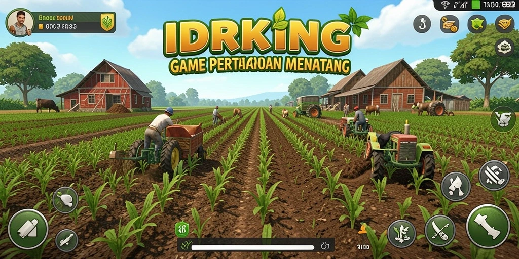 Tangkapan layar gameplay <strong>IDRKING</strong> menunjukkan ladang pertanian yang subur dan aktif.