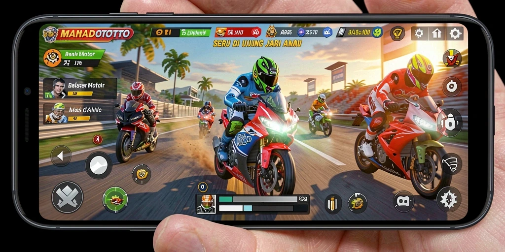Screenshot utama dari gameplay balapan motor yang mengasyikkan.