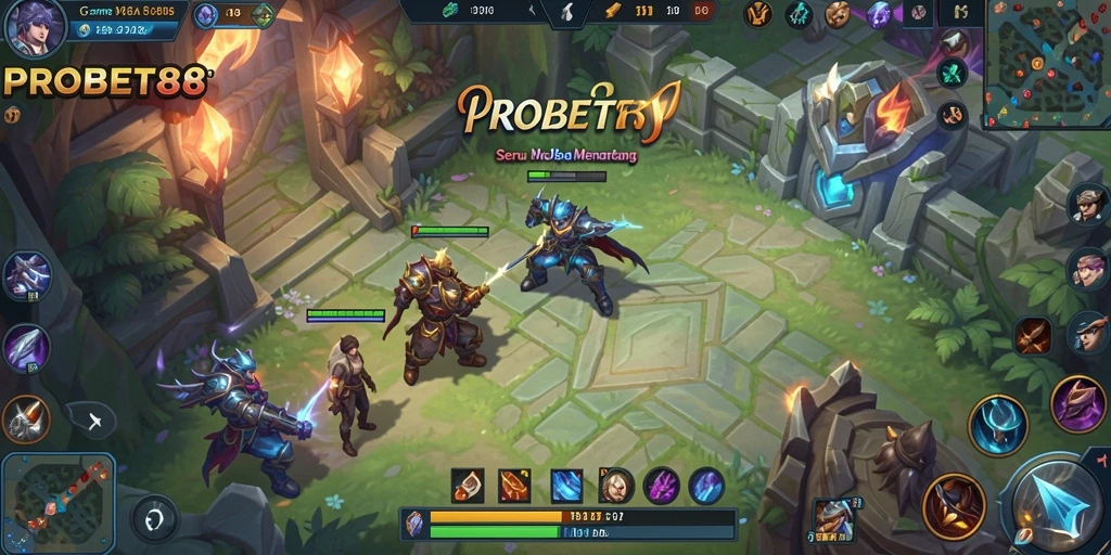 Tampilan gameplay seru dalam arena MOBA PROBET88.