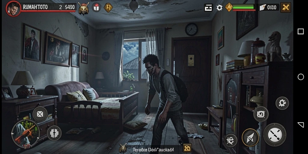 Screenshot utama RUMAHTOTO menampilkan suasana rumah angker yang mencekam.