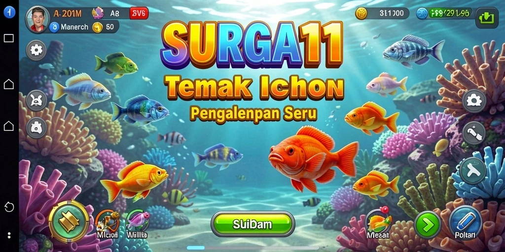 Screenshot gameplay SURGA11 dengan aksi menembak ikan.