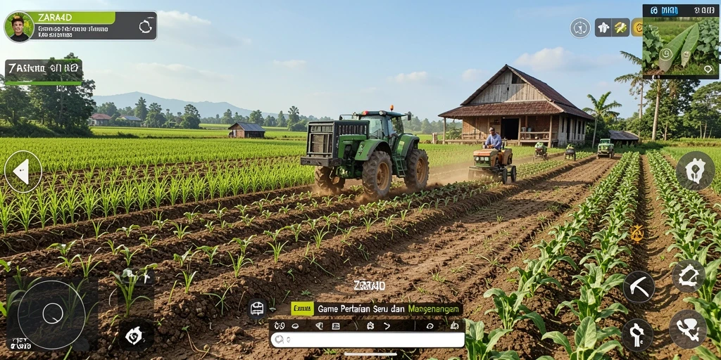 Screenshot gameplay ZARA4D menampilkan ladang hijau subur dan hewan ternak.